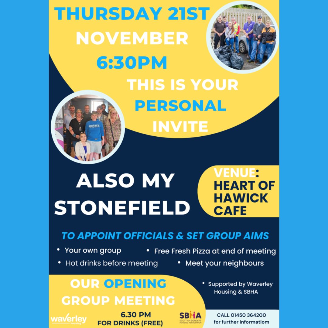 Inaugural meeting this evening in #Hawick. The community of Stonefield is coming together to launch a new resident group ‘Also My Stonefield’. All residents living in the #Stonefield &amp; #Liddesdale area are welcome and encouraged to attend. Refreshments &amp; pizza will be available.