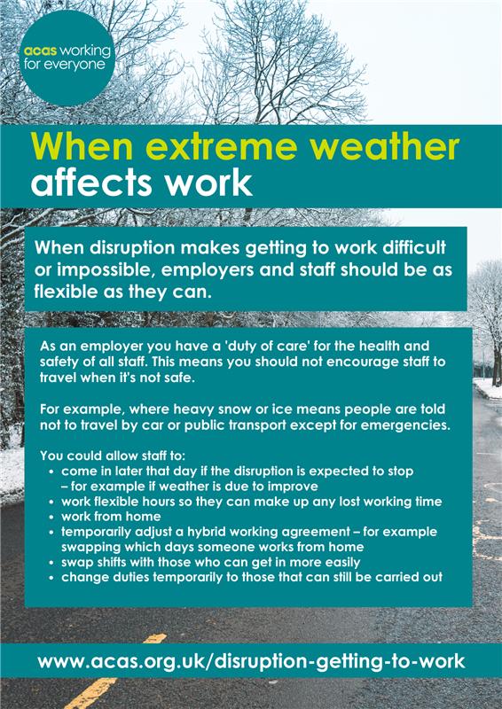 🌨️📢 Attention employers, we offer guidance on managing staff travel during #snow and bad #weather conditions. Understand your responsibilities and keep your team safe. Check out our advice here: acas.org.uk/disruption-get…