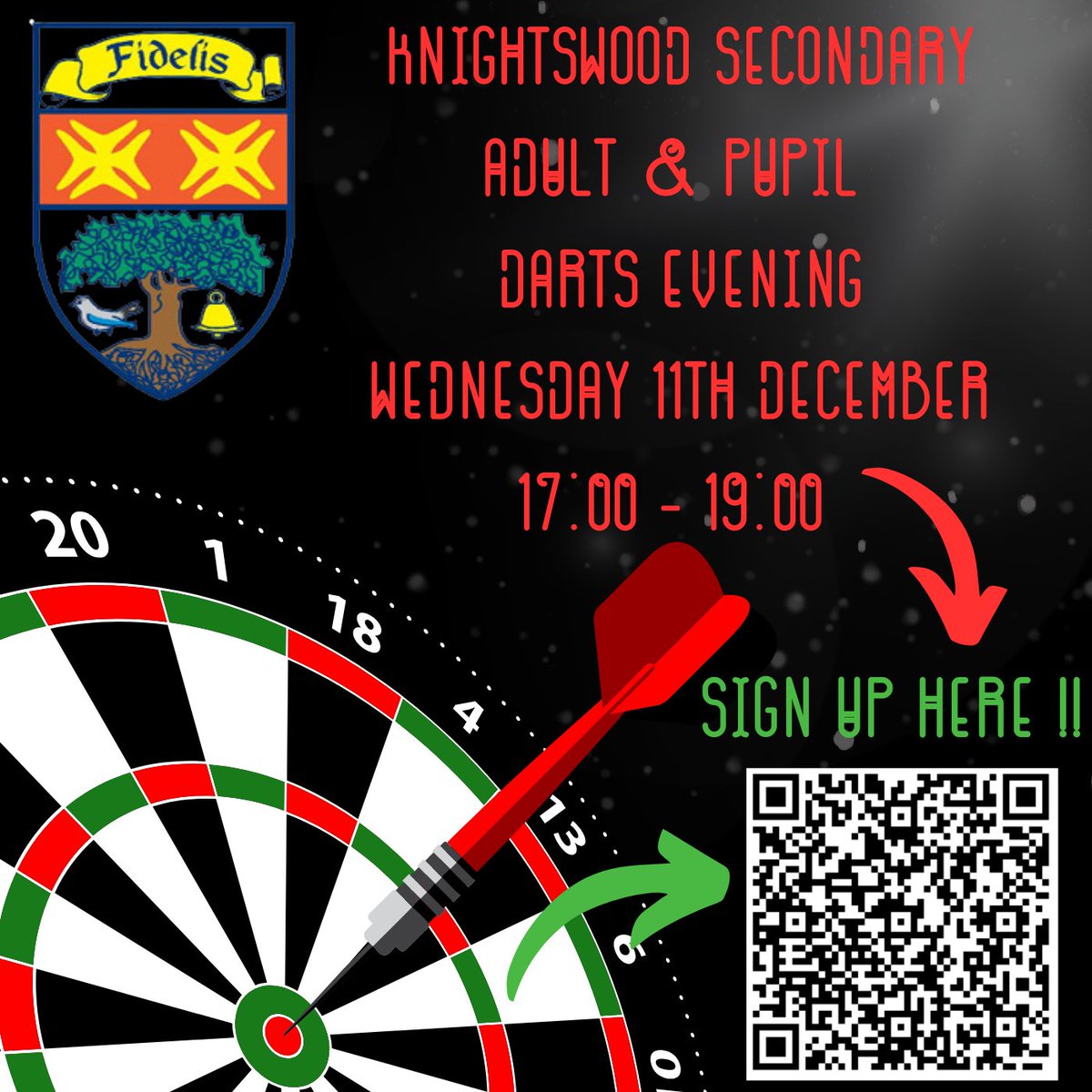 MarkKingRCF's tweet image. 🎯 KSS DARTS EVEVING 🎯

Adult &amp;amp; Pupil Doubles. 
Wednesday 11th December ! 
17:00 - 19:00 ⏰
S1 to S6 All Welcome🎯

Sign up through QR code or link below.

forms.office.com/Pages/Response…

@KSS_Partners 
@KnightswoodSec 
@ASGKnightswood 
@pe_knightswood 
@Mollie_FARE