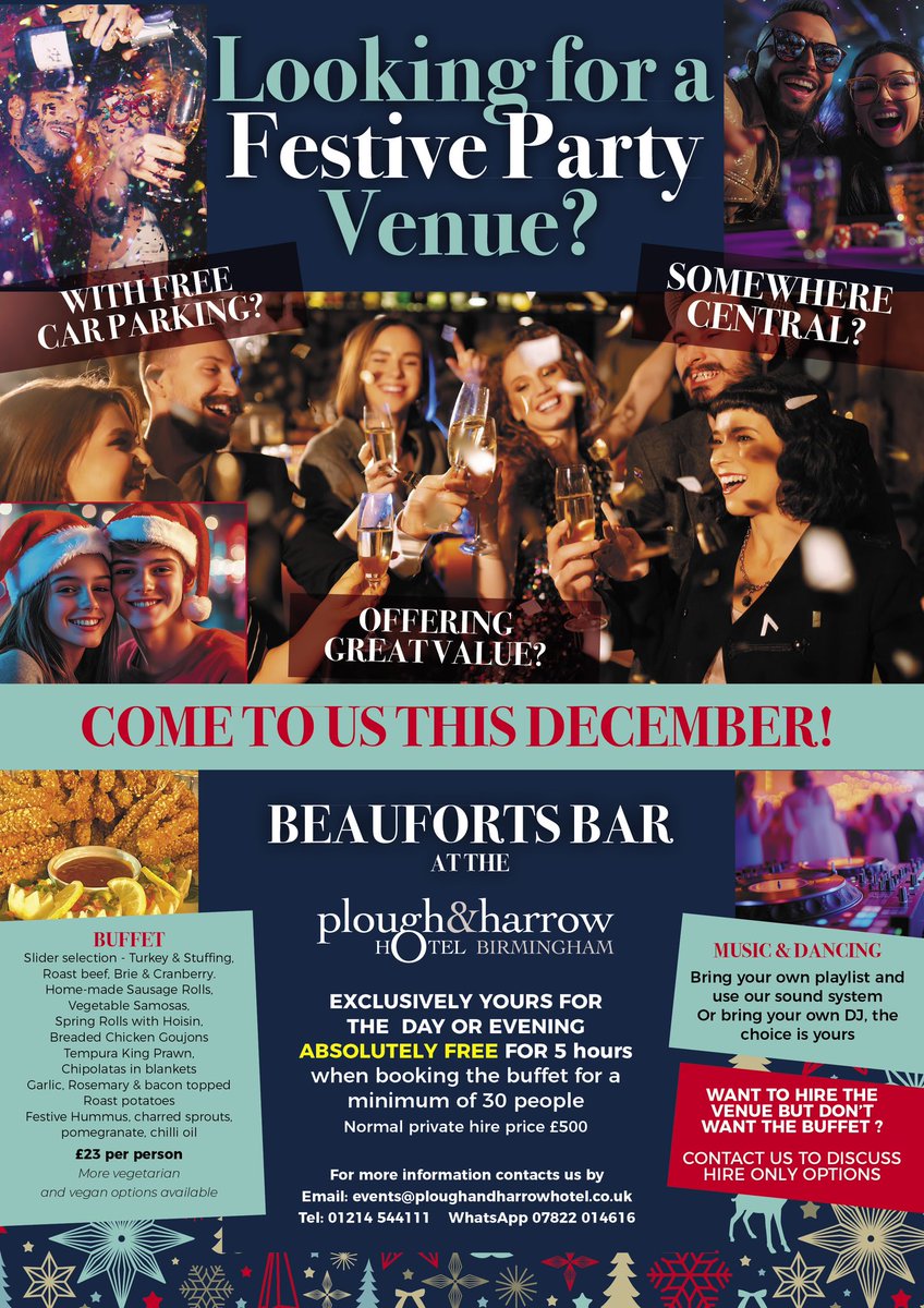 Anyone in Birmingham looking for an affordable &amp; private venue for your Christmas party, or in fact any celebration, come and speak to us about private hire of the Beaufort Pub at the Plough &amp; Harrow Hotel. 
Email  sales@ploughandharrowhotel.co.uk

#venue #party #birmingham