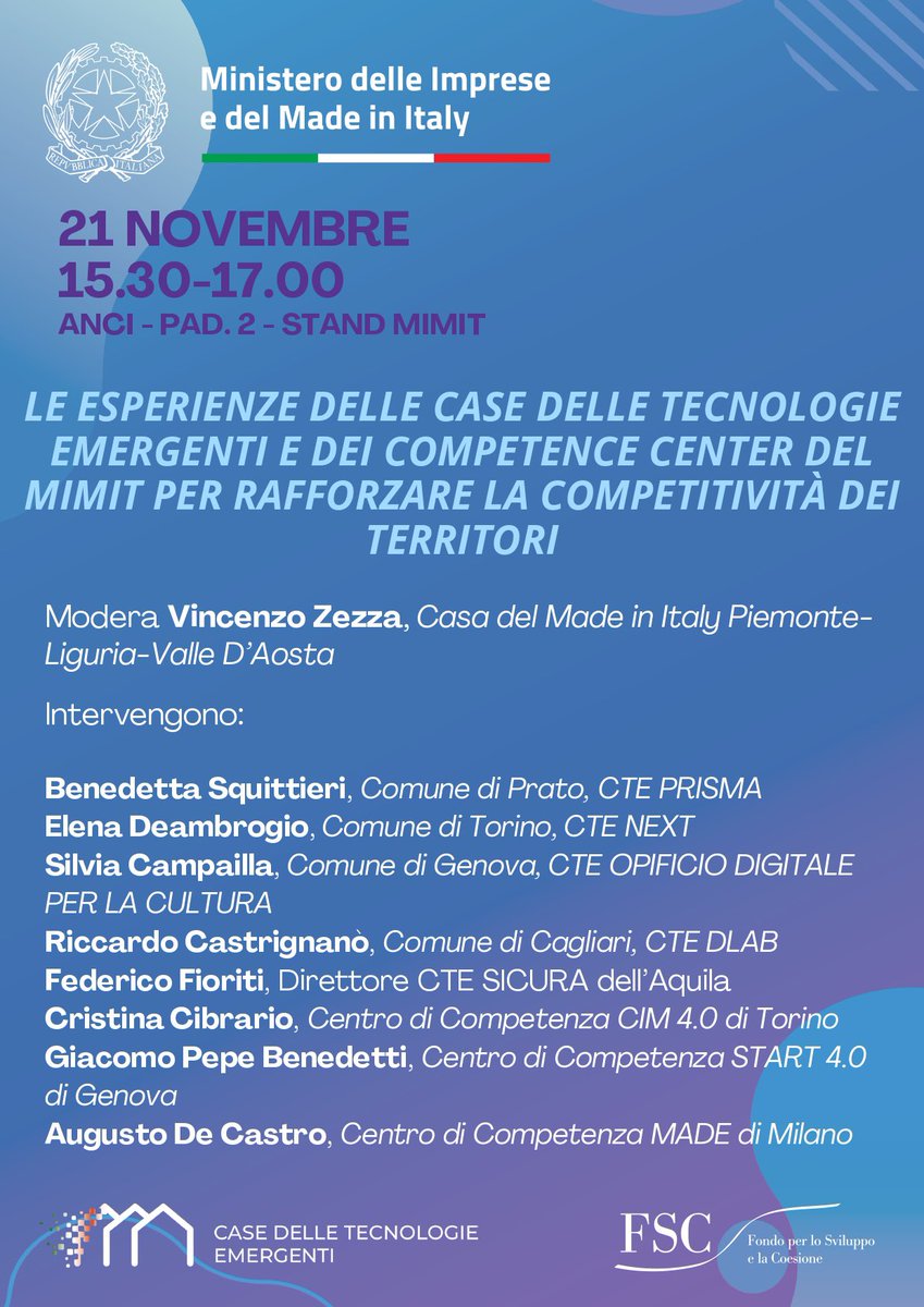 🔊 Torino ospita la 41ª Assemblea Annuale <a href="/comuni_anci/">comuni_anci</a> 
📅 Oggi 21/11 | 🕒 15:30-17:00 | 📍 presto lo Stand MIMIT si tiene il panel 🎤 “Esperienze delle CTE e dei Competence Center del <a href="/mimit_gov/">MIMIT</a>”. Con <a href="/ElenaDeambrogio/">Elena Deambrogio</a> di #CTENext.
#TCLecosistema #ANCI2024 #TecnologieEmergenti