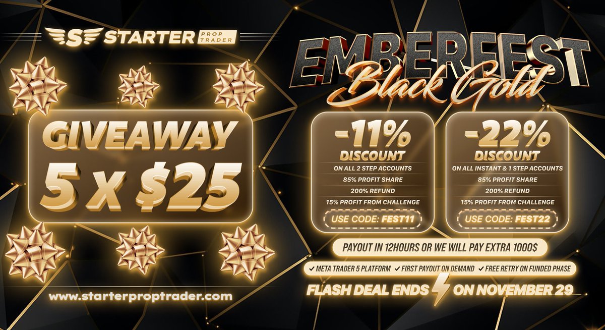 🔥 Starter Prop Trader Emberfest Black Gold Giveaway! 🔥

Get up to 22% off, 85% Lifetime Payout, 200% Refund, 15% Profit Share, and 12-Hour Payout Guarantee!

⚡️ Register: bit.ly/4eLv8Nl and get $25 off
⚡️ Follow: @starter_prop
⚡️ Like &amp; Repost
⚡️ Tag 3 friends

🗓 Ends