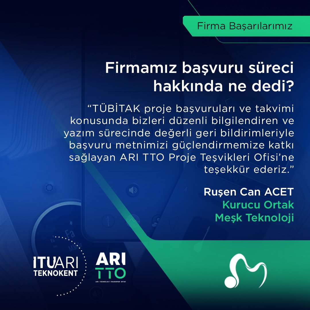 Büyük veri ve yapay zekayı müzik eğitimiyle buluşturan yenilikçi çözümler sunan firmamız Meşk Müzik Teknolojileri ARI TTO Proje Teşvikleri Ofisi ile yürüttüğü “TÜBİTAK 1707 BİGG Ortaklı Siparişe Dayalı Ar-Ge Projeleri için KOBİ Destekleme Programı”  başvurusundan hibe almaya hak