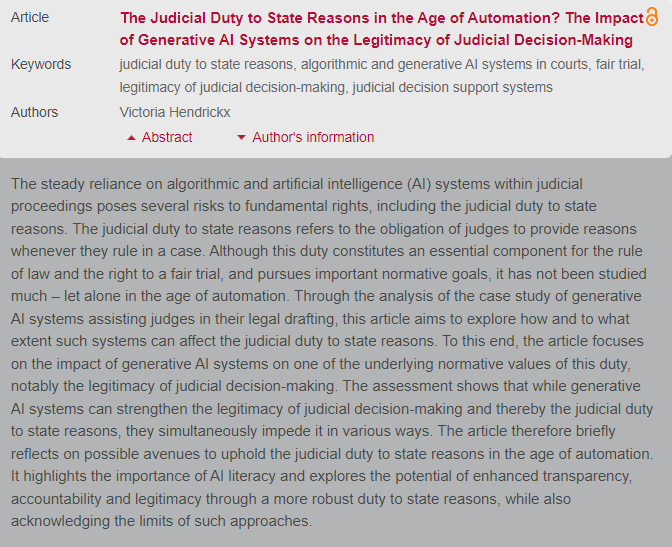 Hendrickx_Victoria (@hendrickx_vic) on Twitter photo New publication 🚀
Happy to share my first PhD article “The Judicial Duty to State Reasons in the Age of Automation?”
It explores how #GenAI in courts may affect this duty and its underlying normative goal of legitimacy of judicial decision-making.⚖️
📚erasmuslawreview.nl/tijdschrift/EL… New publication 🚀
Happy to share my first PhD article “The Judicial Duty to State Reasons in the Age of Automation?”
It explores how #GenAI in courts may affect this duty and its underlying normative goal of legitimacy of judicial decision-making.⚖️
📚erasmuslawreview.nl/tijdschrift/EL…