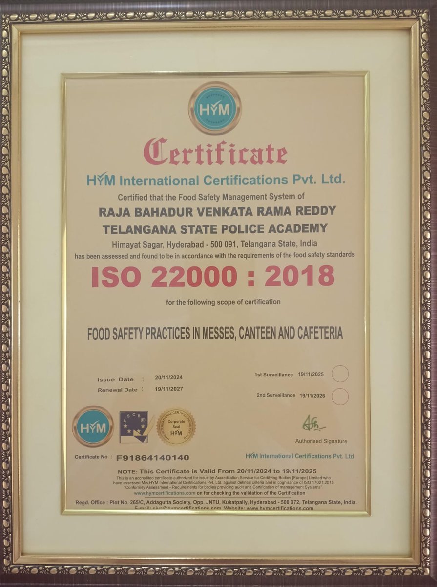abhilasha_bisht's tweet photo. "Telangana Police Academy proudly sets a new national benchmark by becoming the first Academy in India to earn a 5-Star Quality Rating! 🌟 Congratulations to all involved for achieving this prestigious recognition. Additional honors include ISO certifications in Quality, Environmental, Energy, and Food Safety Management. A true testament to our commitment to excellence and innovation!  @RBVRR_TGPA @TelanganaCOPs #ExcellenceInTraining #ISOCertified #5StarRating