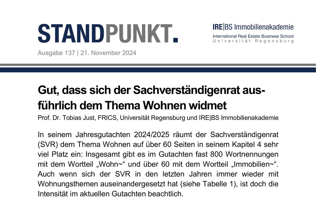 📢 𝗙𝗿𝗶𝘀𝗰𝗵 𝗴𝗲𝗱𝗿𝘂𝗰𝗸𝘁 #IREBS #Standpunkt 𝗡𝗿. 𝟭𝟯𝟳– Gut, dass sich der Sachverständigenrat ausführlich dem Thema Wohnen widmet.

👉 bit.ly/40PswdQ