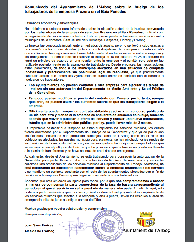 📣 COMUNICAT DE L'AJUNTAMENT DE L'ARBOÇ SOBRE LA VAGA DELS TREBALLADORS DE L'EMPRESA PREZERO AL BAIX PENEDÈS.

👉Durant la tarda s'està repartint en paper per totes les cases.

#AjuntamentlArboç #lArboç #comunicat