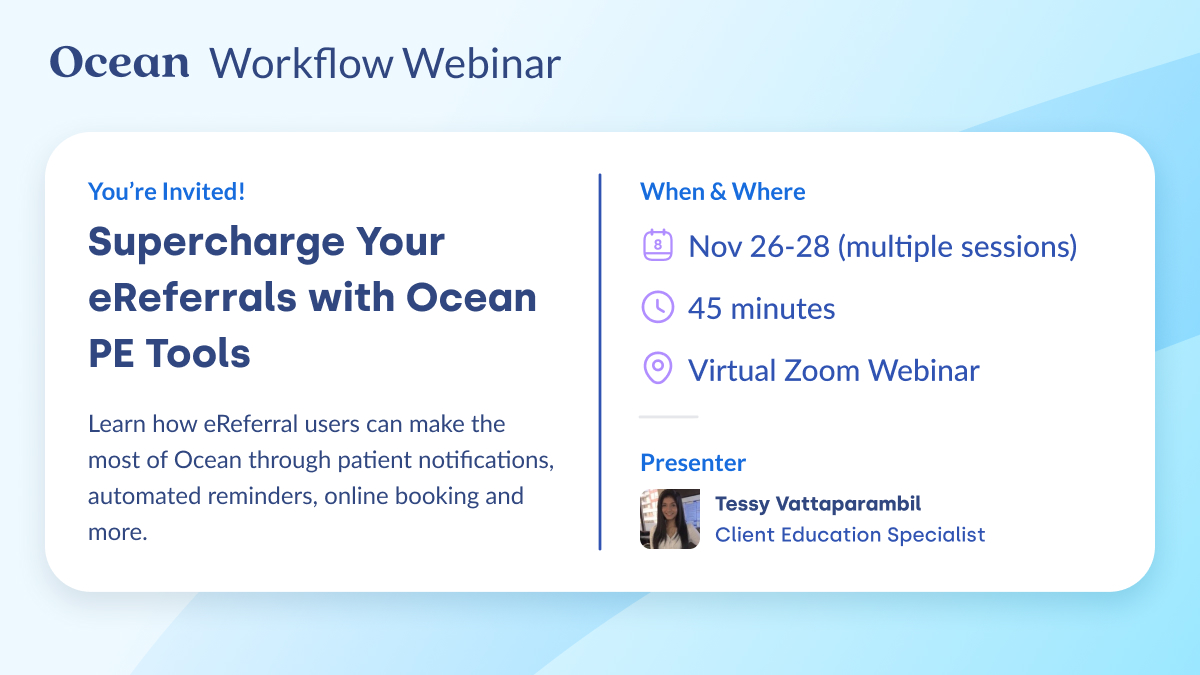 Join us for a free, 45-min educational webinar, “Supercharge your eReferral Workflows with Patient Engagement Solutions!”

Sign up for your EMR session here: oceanmd.com/webinars/webin…

#thinkdigitalhealth #axethefax