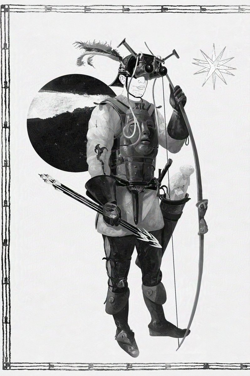 Haematinon's tweet image. There is a mix of two different painting techniques here. "An archer needs to develop another kind of gaze, one freed from the limitations of the eyes and made pure by the discrete acuteness of the heart."