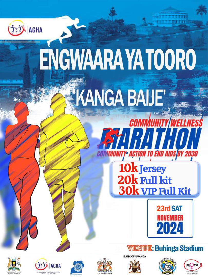 AGHA UGANDA (@aghaorg) on Twitter photo 🏃♂️🏃♂️🏃♀️🏃Wululu 🔊🔊
Are you ready for the run of the year?
The Pre-World AIDS Day “Engwaara Ya Tooro” Marathon is almost here! 🎉
🎽 Got your kit yet? Don’t miss out, reach out today and secure yours!
Let’s run together to End AIDS by 2030.
#WorldAIDSDay24
<a href="/aidscommission/">Uganda AIDS Commission</a> 🏃♂️🏃♂️🏃♀️🏃Wululu 🔊🔊
Are you ready for the run of the year?
The Pre-World AIDS Day “Engwaara Ya Tooro” Marathon is almost here! 🎉
🎽 Got your kit yet? Don’t miss out, reach out today and secure yours!
Let’s run together to End AIDS by 2030.
#WorldAIDSDay24
<a href="/aidscommission/">Uganda AIDS Commission</a>
