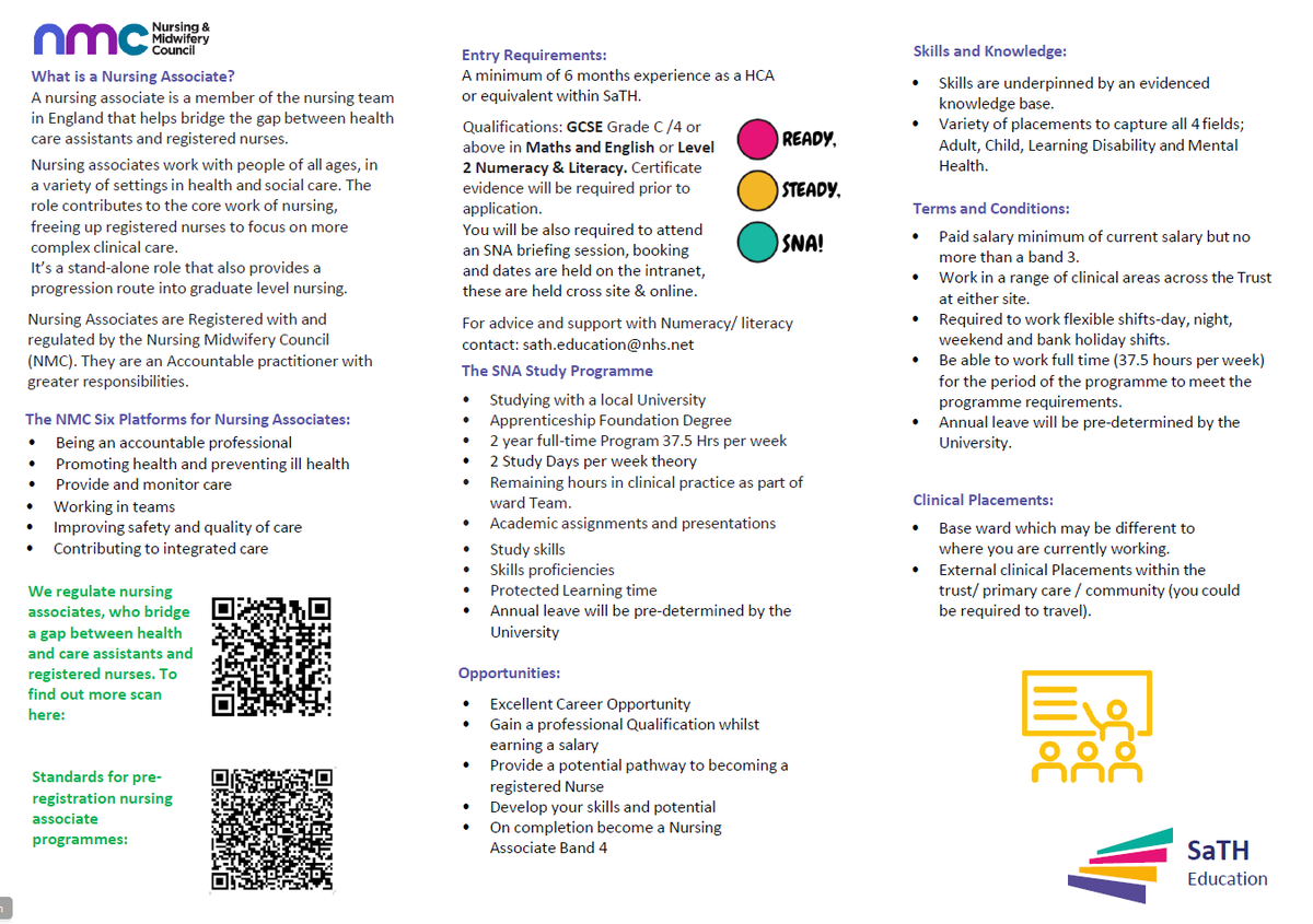Sath Education (@satheducation) on Twitter photo Are you a Healthcare Support Worker looking to progress your career?
If so, an apprenticeship as a Student Nursing Associate could be for you...
Please see further information below. For any queries please contact sath.pre-regnursing@nhs.net Are you a Healthcare Support Worker looking to progress your career?
If so, an apprenticeship as a Student Nursing Associate could be for you...
Please see further information below. For any queries please contact sath.pre-regnursing@nhs.net