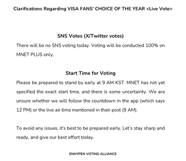 [MAMA VOTING NOTICE] 

Hello ENGENES! Please be informed about clarifications regarding VISA FANS' CHOICE OF THE YEAR <Live Vote>

Kindly take a moment to read this 💕

Let us know if you have clarifications 🙏🏻

#ENHYPEN #엔하이픈
<a href="/ENHYPEN_members/">ENHYPEN</a> <a href="/ENHYPEN/">ENHYPEN OFFICIAL</a>