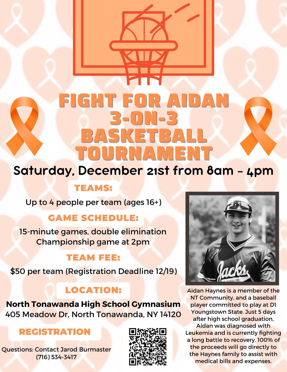 Come help us fight Aidan’s battle with him on December 21 from 8am-4pm at North Tonawanda HS. Registration for the basketball tournament is below

docs.google.com/forms/d/e/1FAI…