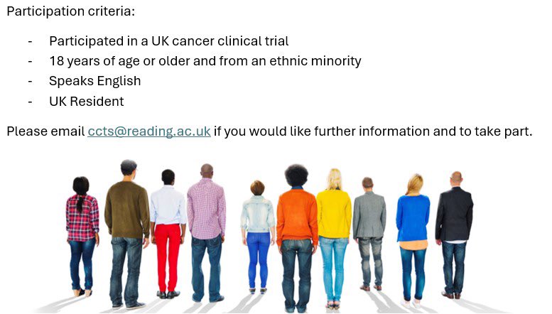 RSoP (@rsofpharmacy) on Twitter photo RESEARCH STUDY: Are you from an ethnic minority and participated in a UK cancer clinical trial? We want to understand your experiences. Please email ccts@reading.ac.uk if you would like more information about our study and to take part. RESEARCH STUDY: Are you from an ethnic minority and participated in a UK cancer clinical trial? We want to understand your experiences. Please email ccts@reading.ac.uk if you would like more information about our study and to take part.