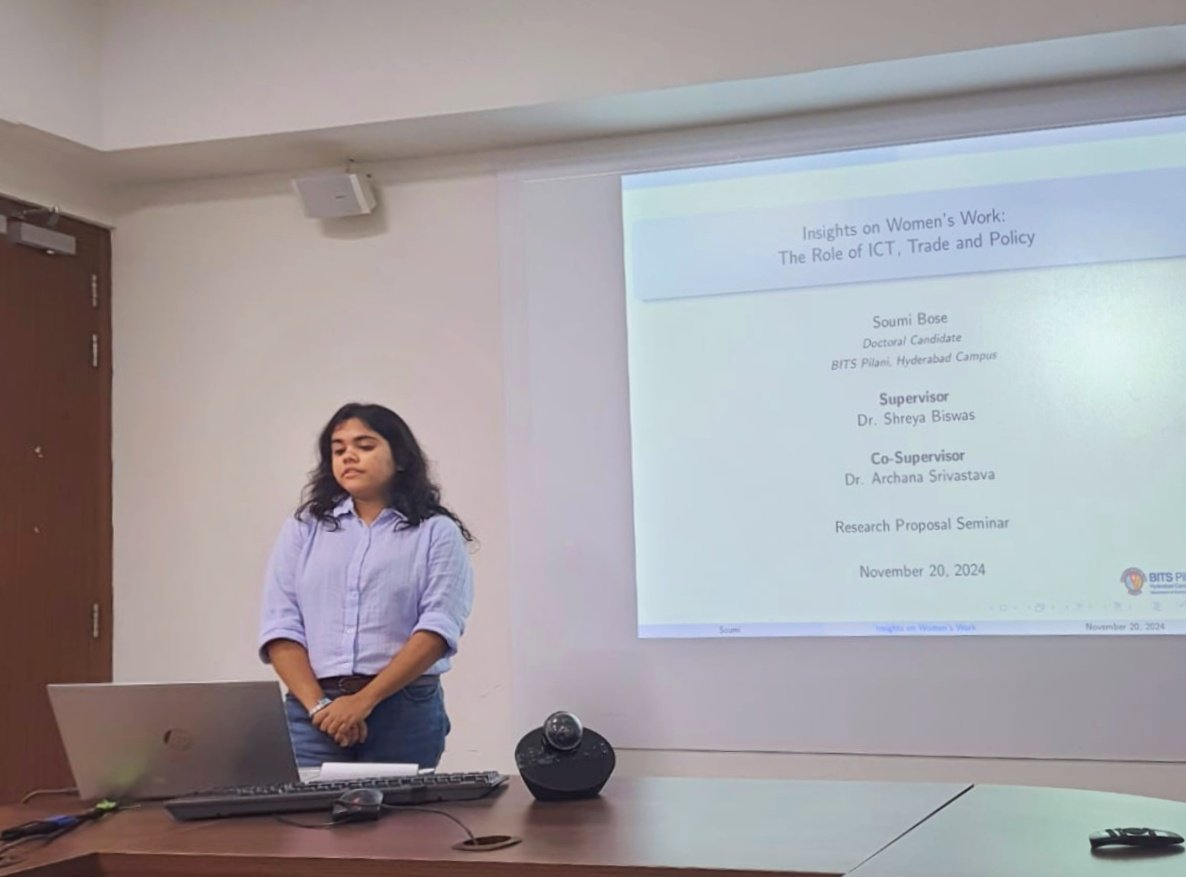 EcoFinHyderabad's tweet photo. Snippets from the Ph.D.  proposal seminar of our research scholar, @Soumi___ Her work is titled "Insights on Women's Work: The Role of ICT, Trade and Policy". She is working under the supervision of Prof. @shreya15  and Prof. #ArchanaShrivastava. 
Congratulations to the team! https://t.co/U91WiBr3kZ