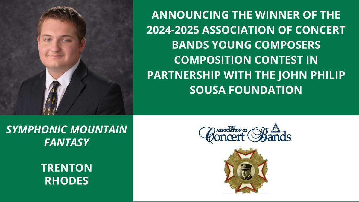 Congratulations to Trenton Rhodes-winner of our 2024-2025 Young Composers Composition Contest! Symphonic Mountain Fantasy will be premiered at the 2025 ACB Convention conducted by Col. (Ret.) Thomas Rotondi Jr., former Leader &amp; Commander of The United States Army Band