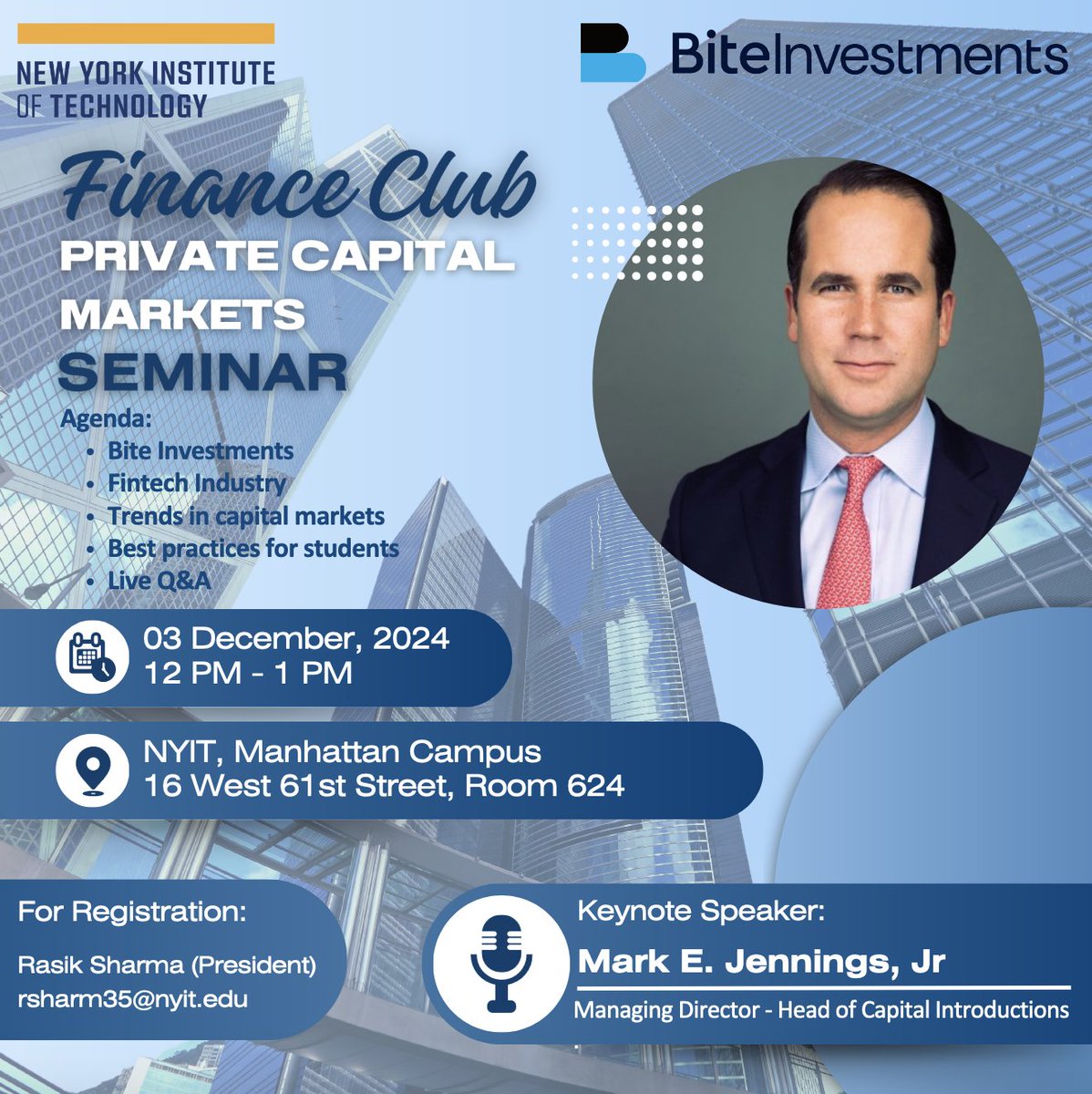 NYITSOM's tweet photo. Join us on December 3rd from 12:00 PM to 1:00 PM in MC61 Room 624 for the Private Capital Markets Seminar. We will discuss hot topics such as private investment, the FinTech industry, trends in capital markets, and much more, followed by a Q&amp;A session. https://t.co/QGNynVm6KS