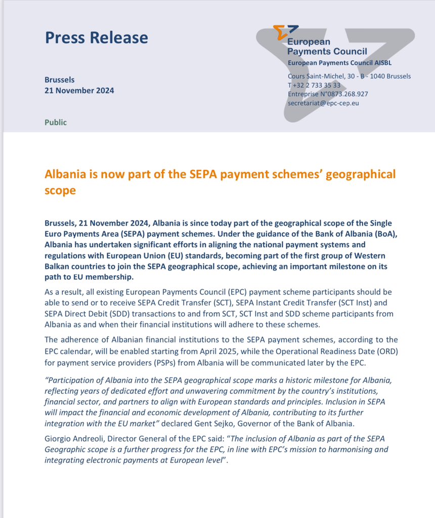 🇦🇱Një tjetër hap i madh në rrugën drejt Shqipërisë 2030 në Bashkimin Europian🇪🇺 
Shqipëria u bë sot pjesë e sistemit unik europian të pagesave, që do të thotë se të gjitha dërgesat e parave të shqiptarëve nga Europa në Shqipëri apo anasjelltas, nuk do të kenë më kosto financiare