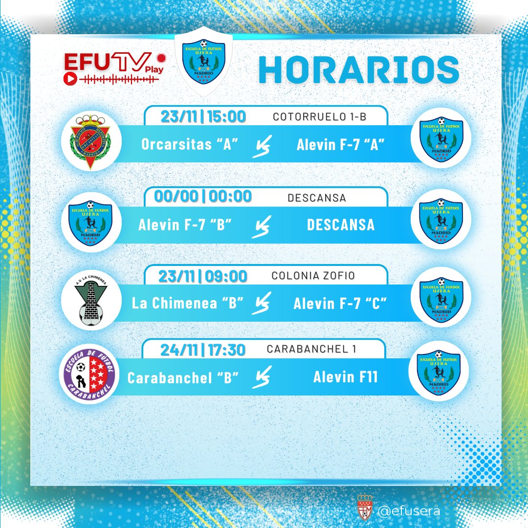 ADEF_Usera's tweet image. 💪💙 Horarios!

#Temporada2024 #FuerzaEFUsera #SomosEFU #PasiónPorElFútbol
