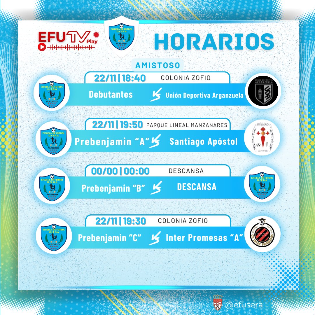 ADEF_Usera's tweet image. 💪💙 Horarios!

#Temporada2024 #FuerzaEFUsera #SomosEFU #PasiónPorElFútbol
