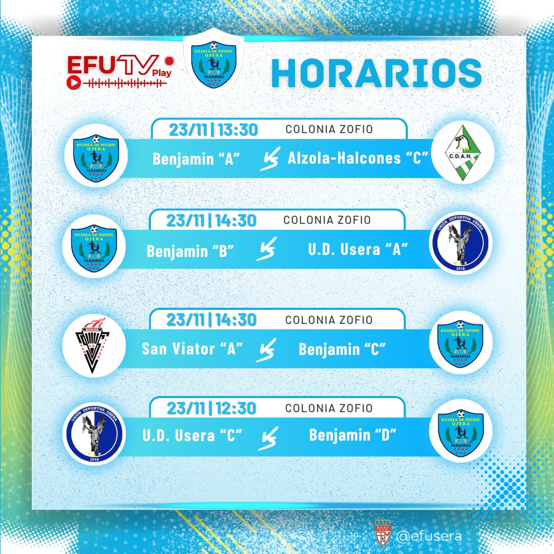 ADEF_Usera's tweet image. 💪💙 Horarios!

#Temporada2024 #FuerzaEFUsera #SomosEFU #PasiónPorElFútbol