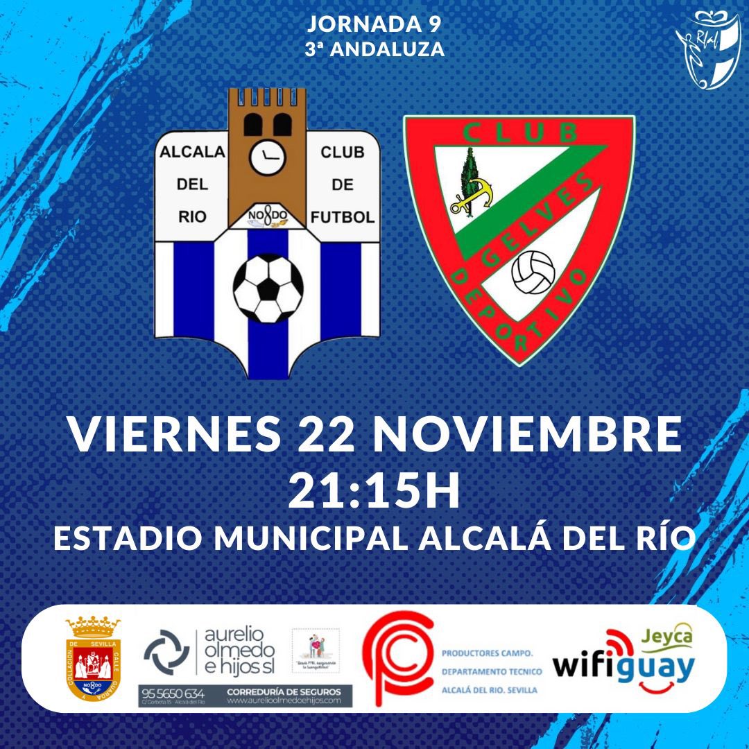 #HORARIO | JORNADA 9

Nuevos tres puntos en juego para resarcirnos de la derrota anterior. ¡Vamos equipo! 💪🏻

🆚 CD Gelves ‘B’
🗓️ 22/11 
⏰ 21:15h
🏟️ Estadio Municipal Alcalá del Río

#AlcaládelRíoCF🔵⚪️ #JuntoSomosMás