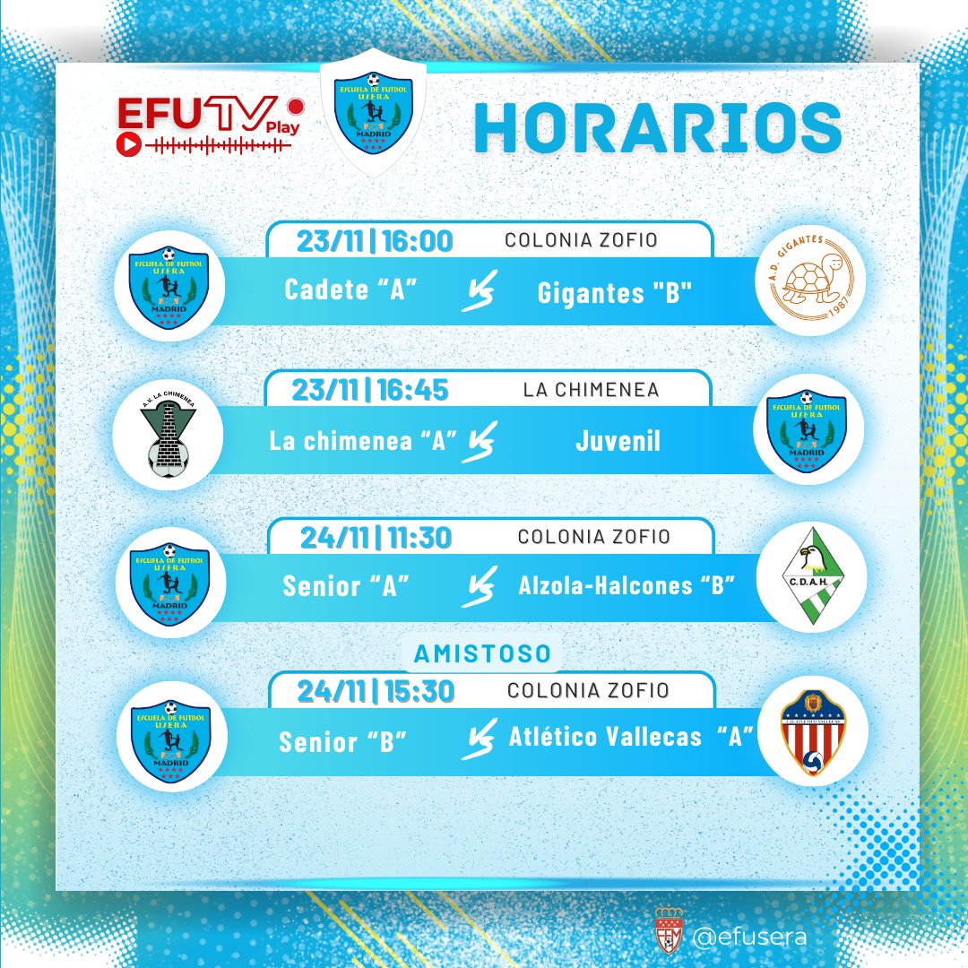 ADEF_Usera's tweet image. 💪💙 Horarios!

#Temporada2024 #FuerzaEFUsera #SomosEFU #PasiónPorElFútbol