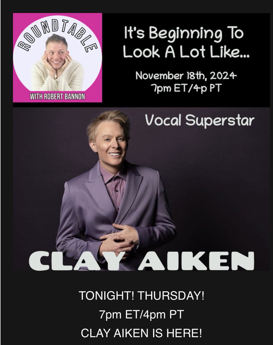 RoundtableRB's tweet image. Join us TONIGHT over on YouTube with @clayaiken 🎉