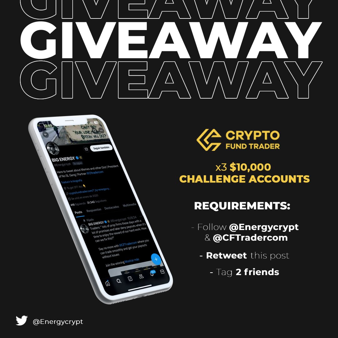 Energycrypt's tweet photo. CFT NEWS 

3 X 10K CHALLENGE ACCOUNTS GIVEAWAY 

- Follow @CFTradercom &amp; @Energycrypt 
- Like and Repost this post 
- Tag 4 friends, not influencers 
- Use the below link to get account with CFT 
https://t.co/3txk6BhSig

End in 72hrs https://t.co/JBmaIG8c5M