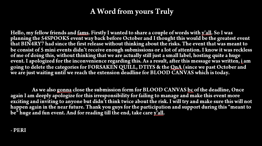 bin4ry7records's tweet photo. As we come closing the submission forms for BLOOD CANVAS after reaching the deadline, there's something needs to be addressed by yours truly. 

Thank you for those who had submitted, we really appreciate it much! https://t.co/LmW34as8FB