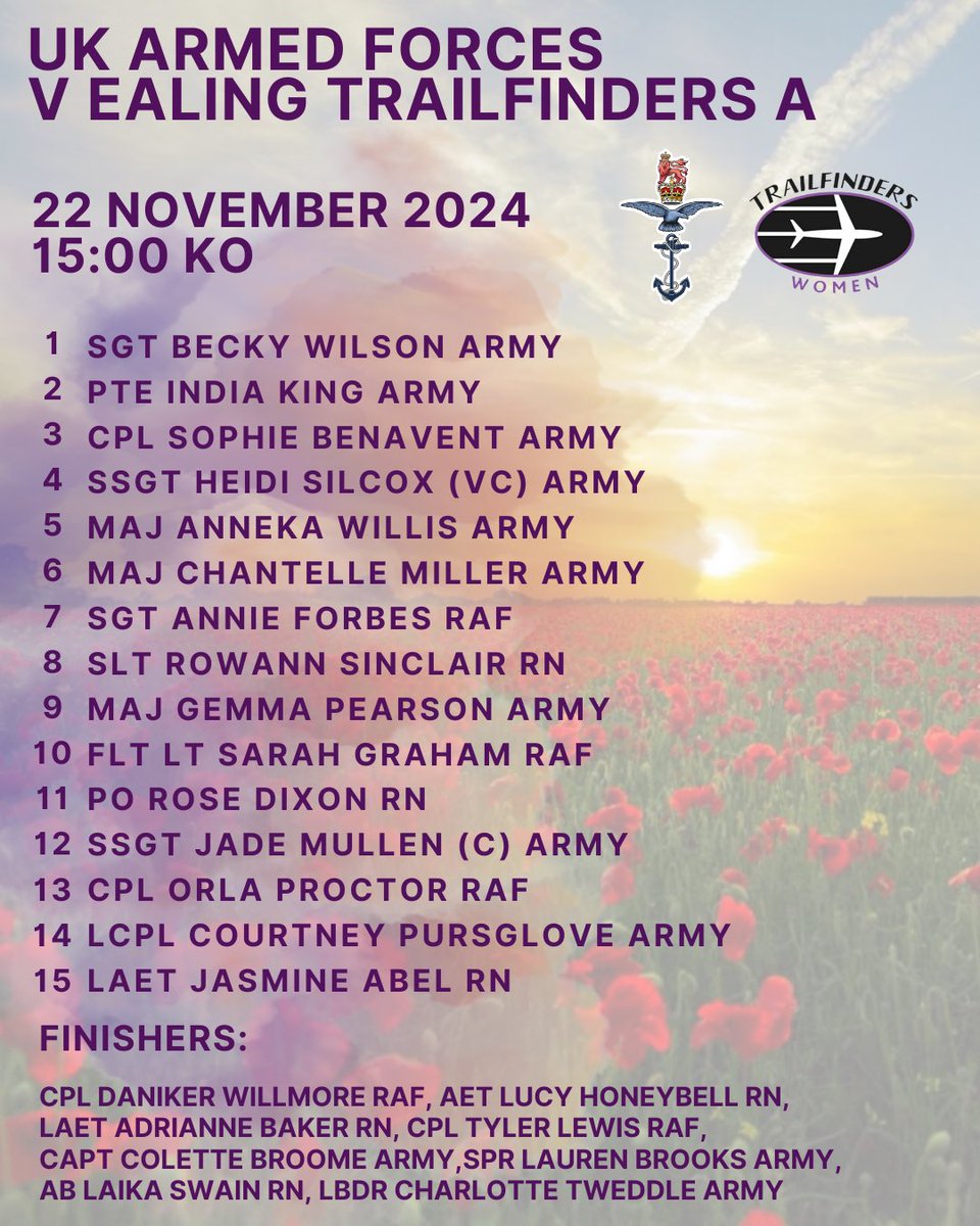 𝐇𝐞𝐫𝐞 . 𝐖𝐞 . 𝐆𝐨.

🇬🇧 UK Armed Forces v Ealing Trailfinders A 
<a href="/TrailfindersW/">Trailfinders Women</a> 

🕑 1500 KO
🗓 22nd November 2024
📍United Services Ground, Portsmouth 

#ukafrugby #ukafsport #ukarmedforces #militaryrugby #rugby