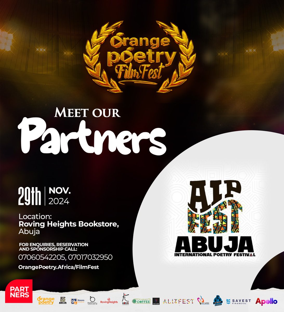 We’re proud to announce <a href="/AbujaPoetryFest/">Abuja International Poetry Festival</a> as an official partner for the Orange Poetry Film Festival 2024!

Don’t miss out! Click the link to secure your free ticket. tix.africa/opfilmfest

📅 Friday, November 29th, 2024
🕒 5:00 PM
📍 Roving Heights Bookstore, Abuja

#OPFilmFest