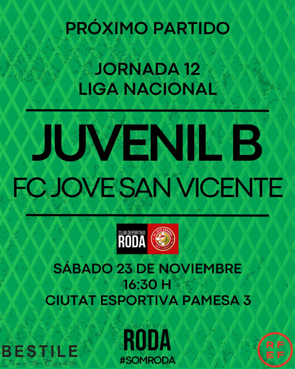¡𝐇𝐨𝐲 𝐣𝐮𝐞𝐠𝐚 𝐞𝐥 𝐉𝐮𝐯𝐞𝐧𝐢𝐥 𝐁 ⚫️🟡!

🆚 <a href="/jovesanvicente/">FCJ Español de San Vicente</a>  
⌚️ 16:30 horas
🏟️ Ciutat Esportiva Pamesa 3
🏆 J12 Liga Nacional

#CDRoda #SomRoda