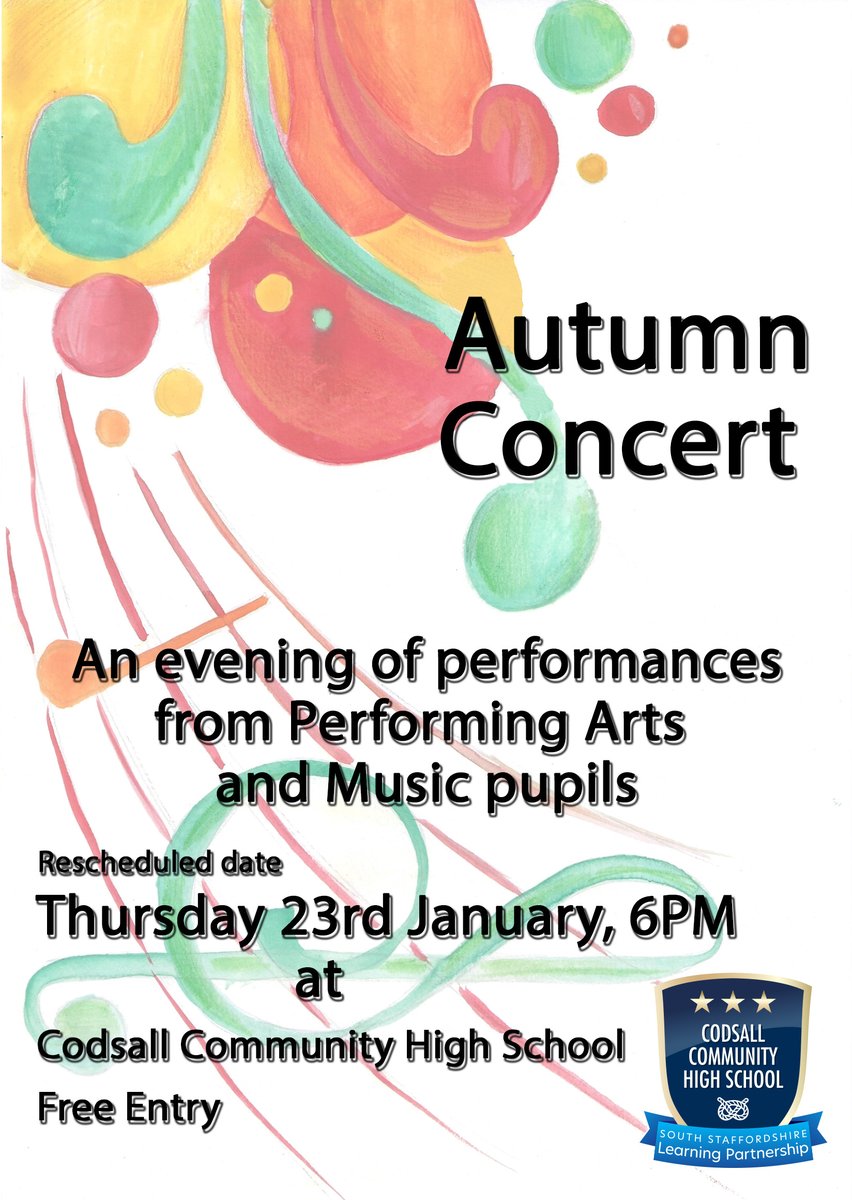 Our Autumn concert scheduled for next week Thursday has been rescheduled to Thursday 23rd January.