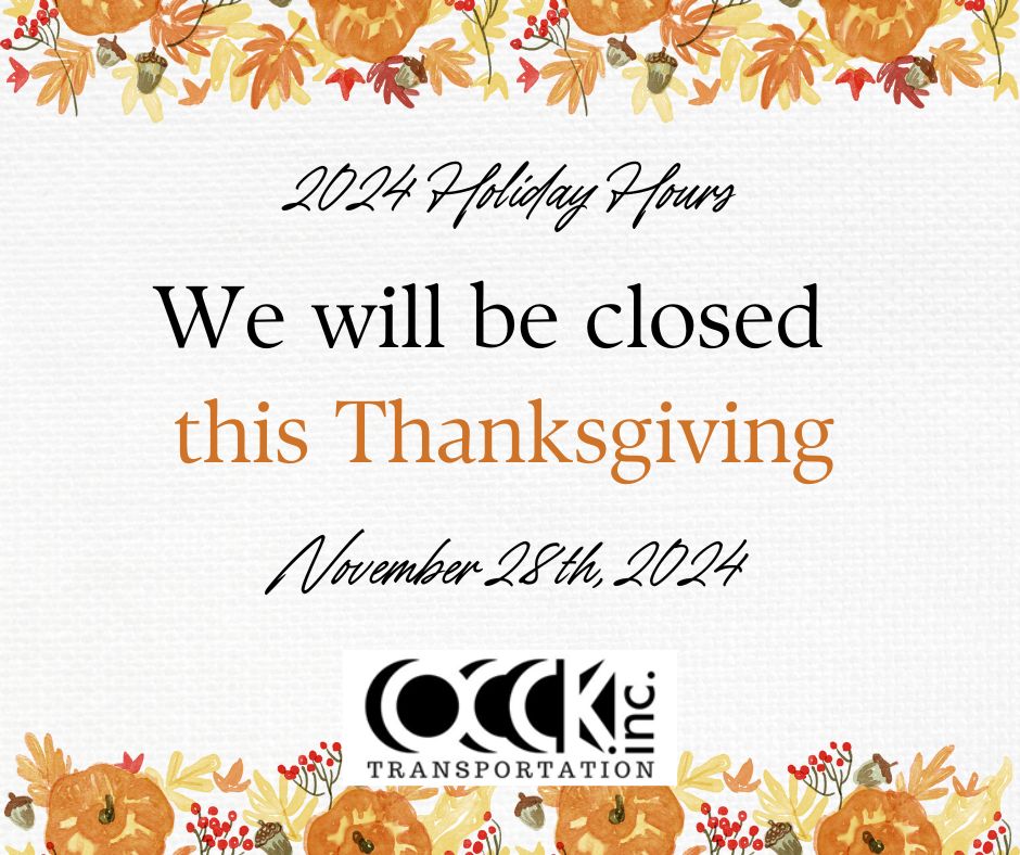 OCCK, Inc. Transportation, including Salina CityGo, 81 Connection, Regional Paratransit, GoAbilene, GoConcordia, KanConnect, and OCCK OnDemand public transportation, will be closed on Thursday, November 28, 2024 for Thanksgiving.