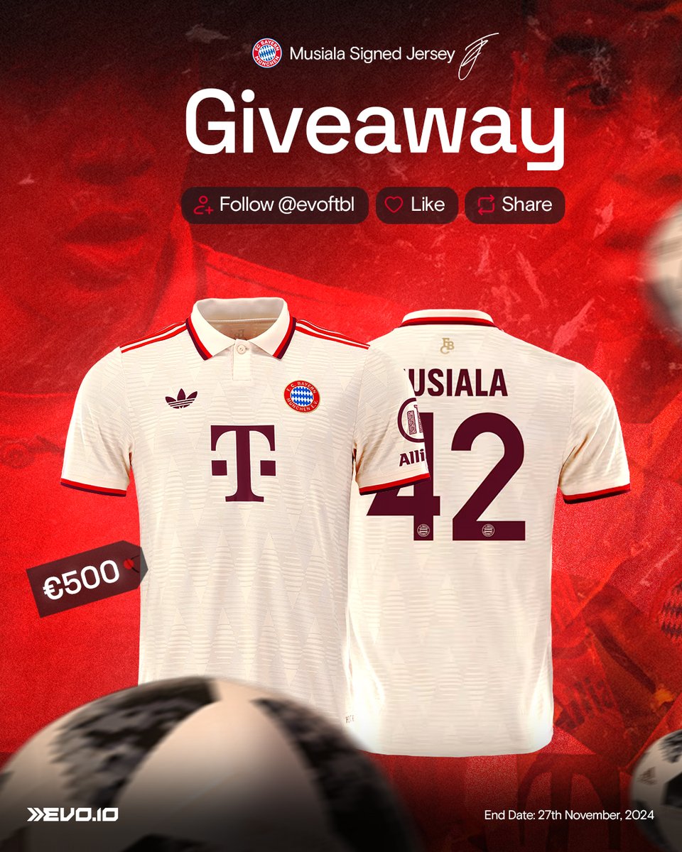 AUGUSTUS (@der_augustus) on Twitter photo BUNDESLIGA GIVEAWAY ⚽️🇩🇪
To celebrate Musiala’s electrifying start to the season, <a href="/EvoFtbl/">EVO.io Football</a> are giving away a signed Bayern jersey from the man himself! 🔥
To enter:
1: Like & Retweet
2: Follow <a href="/EvoFtbl/">EVO.io Football</a>❗️
We will announce the winner here next week. Good luck! 🍀 BUNDESLIGA GIVEAWAY ⚽️🇩🇪
To celebrate Musiala’s electrifying start to the season, <a href="/EvoFtbl/">EVO.io Football</a> are giving away a signed Bayern jersey from the man himself! 🔥
To enter:
1: Like & Retweet
2: Follow <a href="/EvoFtbl/">EVO.io Football</a>❗️
We will announce the winner here next week. Good luck! 🍀