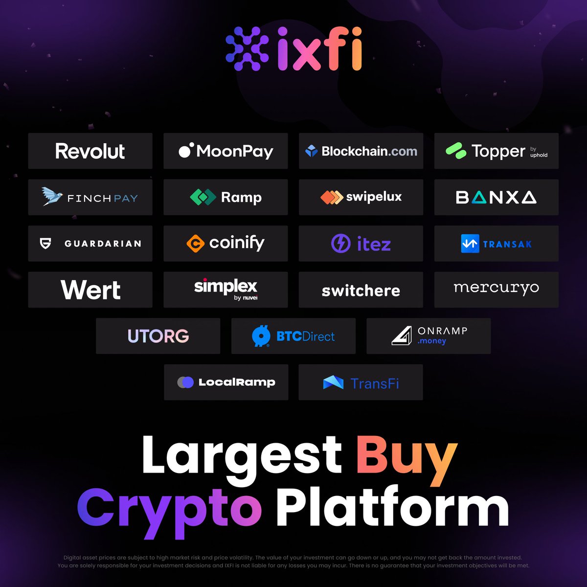 Since 2023, IXFI has proudly stood as the largest crypto on-ramp platform - a title we’ve earned by delivering unmatched scale and trust.

With 70+ fiat currencies, 20+ payment methods, 170+ cryptos, and 20+ trusted partners, we make Buy Crypto incredibly easy.

Here are the