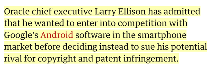 RogerWang11's tweet image. Ellison’s true aim became clear when Oracle sued Google over Android’s use of Java
But, wait a minute, why didn’t Google just get permission to use Java in the first place?
Well, first of all, Java is an open-source programming language.