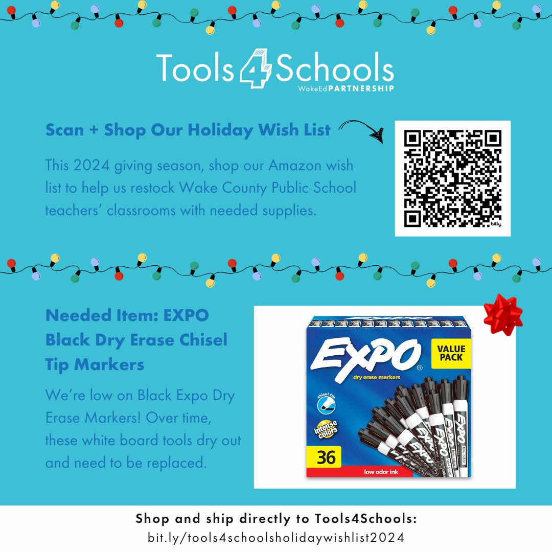 wakeedpa's tweet photo. Today’s #Tools4Schools needed item: EXPO Black Dry Erase Chisel Tip Markers. These essential white board tools dry out over time and teachers need to replace them.  Shop our Amazon Holiday Wish List to donate: https://t.co/9nu3ThyYBf https://t.co/rG6ZdBbeoq