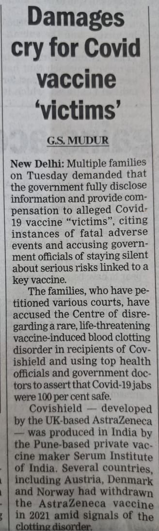 Damages cry for Covid Vaccine Victims- The Telegraph <a href="/ttindia/">The Telegraph</a>