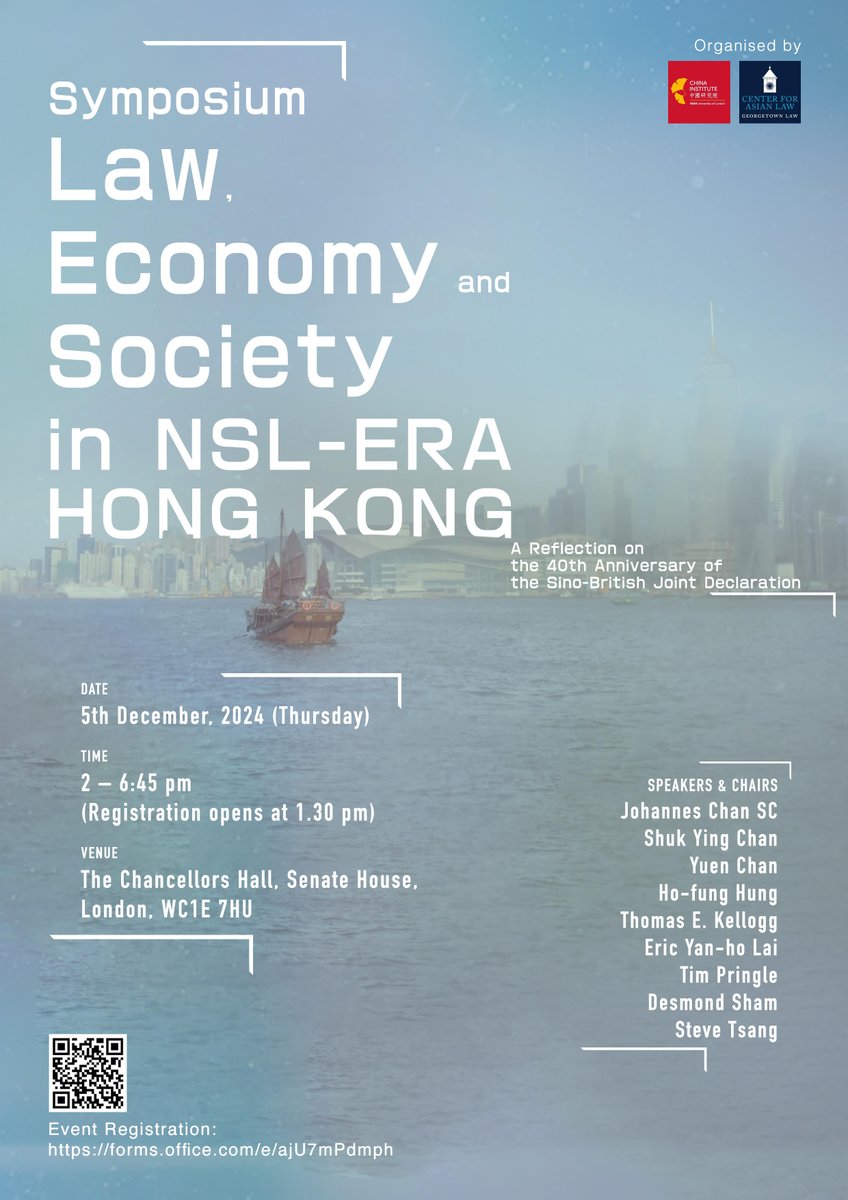 GeorgetownCAL's tweet image. Join @SOAS_CI and @GeorgetownCAL in London on Dec 5 2024 for a symposium on &apos;Law, Economy and Society in NSL-era Hong Kong: 40 Years After the Sino-British Joint Declaration&apos;

RSVP: forms.office.com/pages/response…