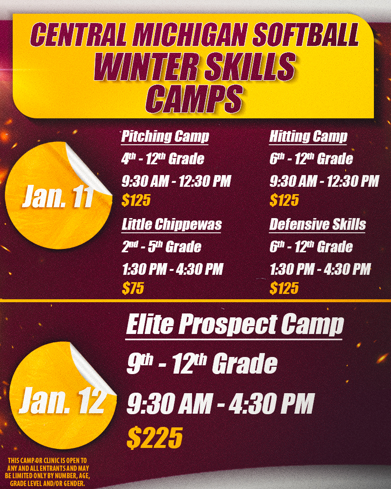CMUSoftball's tweet photo. We have a chance for everyone to learn from our staff and athletes this winter, don't miss the opportunity to come out to campus!

Register today &amp; come learn from some of the best in the MAC 🧠❄️

🔗 https://t.co/qlVkaK99xH

#FireUpChips🔥⬆️🥎 https://t.co/GNjIlXlk6C