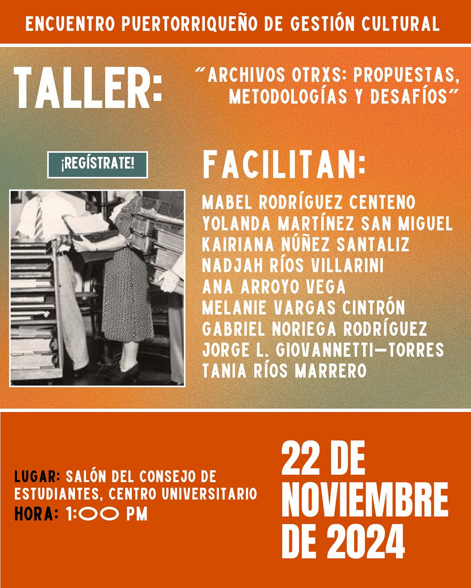 Mañana viernes 22 de noviembre estaremos participando en uno de los talleres del Encuentro Puertorriqueño de Gestión Cultural en <a href="/uprrp/">UPR Río Piedras</a> junto a colegas de otras iniciativas en <a href="/sbuprrp/">Sistema de Bibibliotecas UPRRP</a> y <a href="/caribedigitalpr/">UPR Caribe Digital</a> <a href="/caribbean_dsc/">Caribbean Digital Scholarship Collective</a>