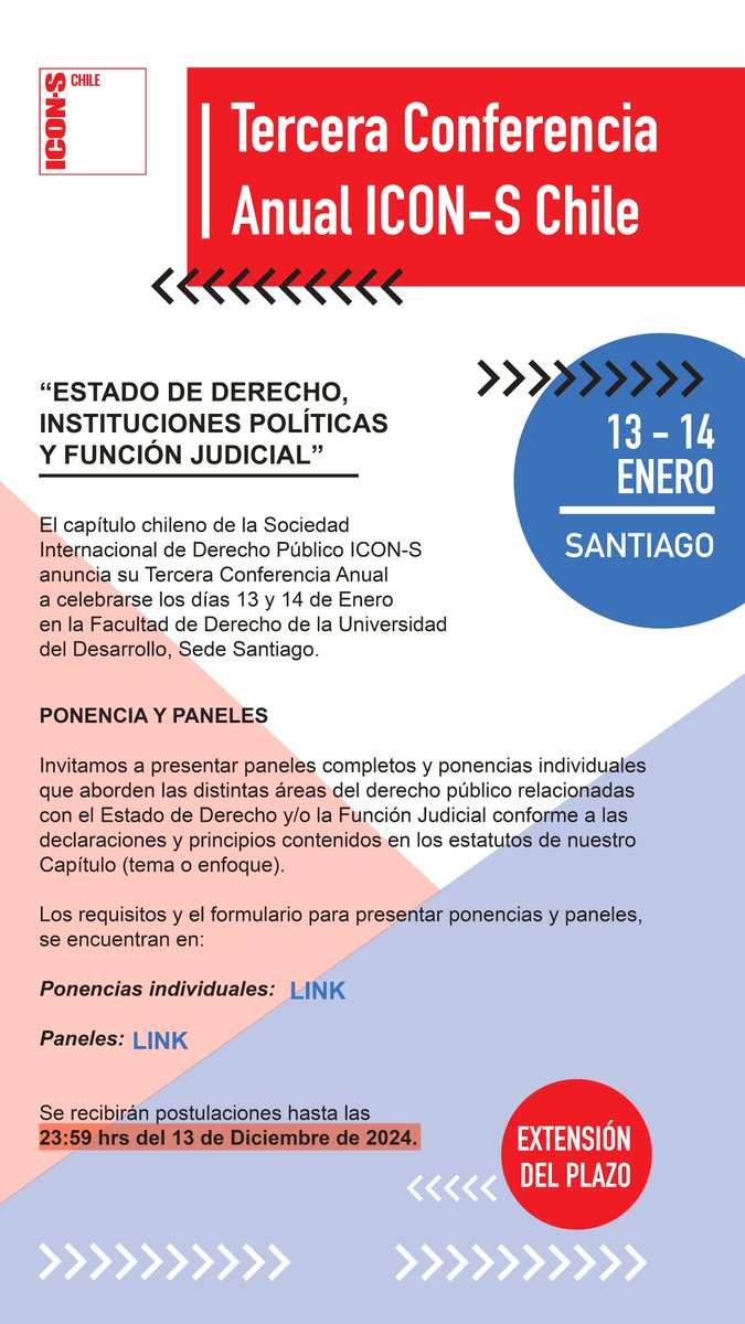 ¡Todas y todos invitados a participar en la 3ra Conferencia de <a href="/ICONS_Chile/">ICON·S Chile</a> ! 
Fecha: 13-14 de diciembre
Lugar: Campus Santiago <a href="/DerechO_UDD/">Facultad Derecho UDD</a>
Tema: Estado de Derecho, Instituciones Políticas y Función Judicial
Aquí toda la información sobre la convocatoria: iconschile.wordpress.com/7-2/