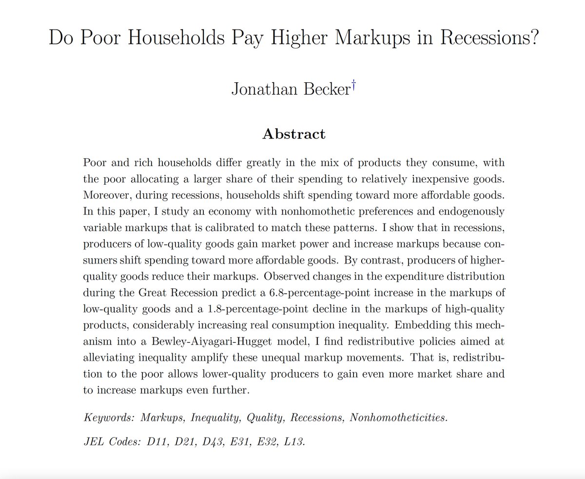 #EconTwitter, Jonathan Becker is excited to share his #EconJMP!

When a recession hits, consumers tighten their belts and rely more on cheaper goods. But do producers of these goods, in turn, exploit this reliance and charge higher markups? (1/3)
