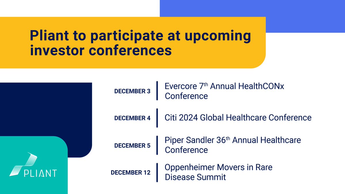 Pliant Therapeutics (@pliantrx) on Twitter photo Throughout December members of our team will be participating in events hosted by <a href="/EvercoreISI/">Evercore ISI</a>, <a href="/Citi/">Citi</a>, <a href="/Piper_Sandler/">Piper Sandler</a> and <a href="/Oppenheimer/">Oppenheimer & Co. Inc.</a> to share our progress with the investment community. More details: ir.pliantrx.com/news-releases/⦠Throughout December members of our team will be participating in events hosted by <a href="/EvercoreISI/">Evercore ISI</a>, <a href="/Citi/">Citi</a>, <a href="/Piper_Sandler/">Piper Sandler</a> and <a href="/Oppenheimer/">Oppenheimer & Co. Inc.</a> to share our progress with the investment community. More details: ir.pliantrx.com/news-releases/ā¦