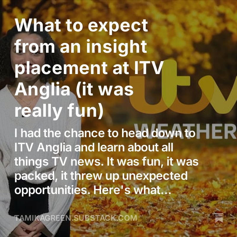 It's here... my latest post about my time at <a href="/itvanglia/">ITV News Anglia</a>. Do I look professional? 🤩
tamikagreen.substack.com/p/what-to-expe…
#itv #news #journalism #norwich