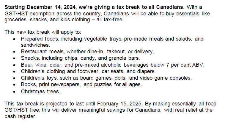 Here is the list of things the Liberals are proposing that the GST will be taken off of for two months.

They also plan to send $250 cheques to the 18.7 million Canadians who earned 150K or less #cdnpoli