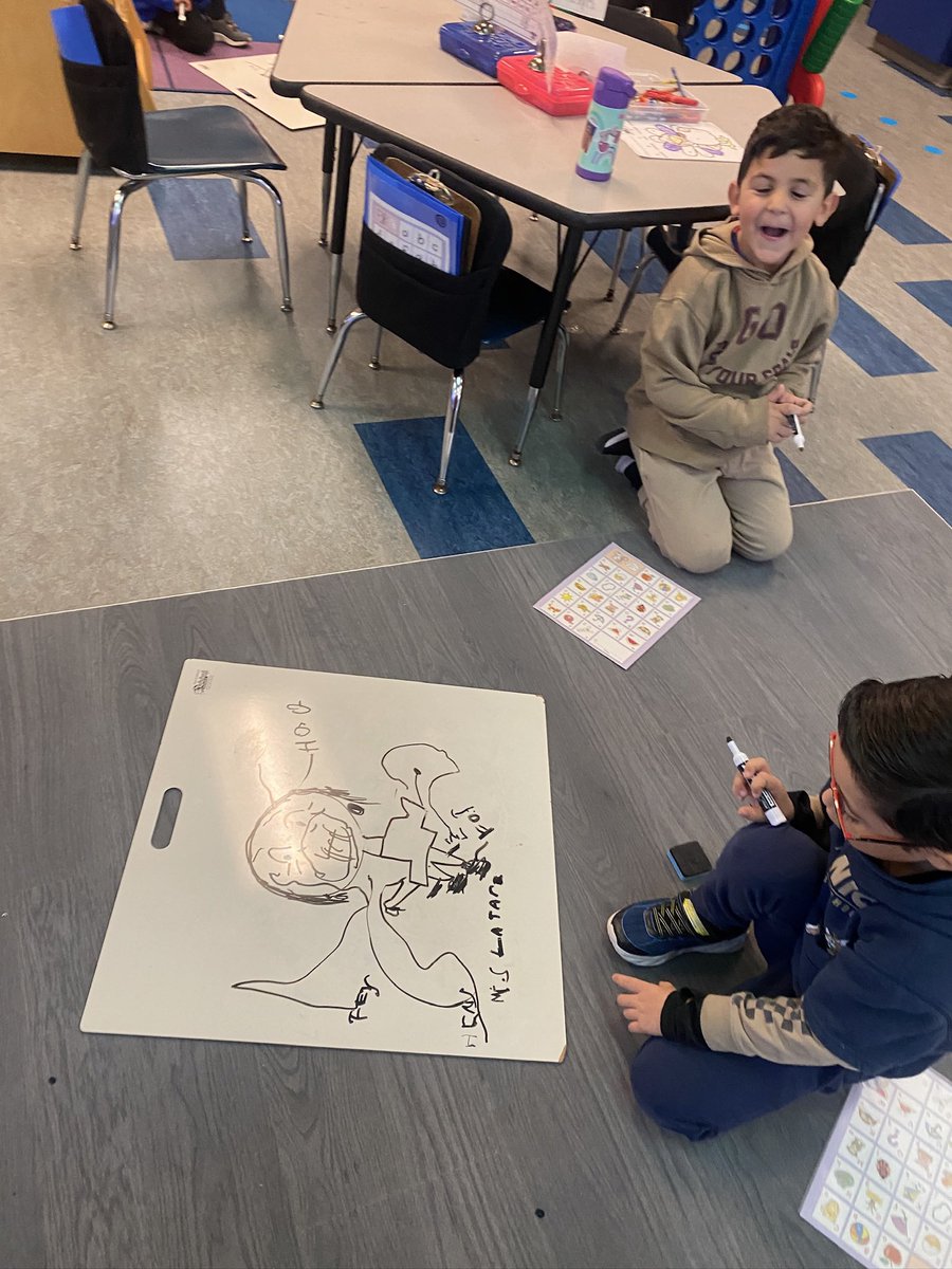 Phonics partners create collaborative drawings and use our ABC chart to help them label important parts.