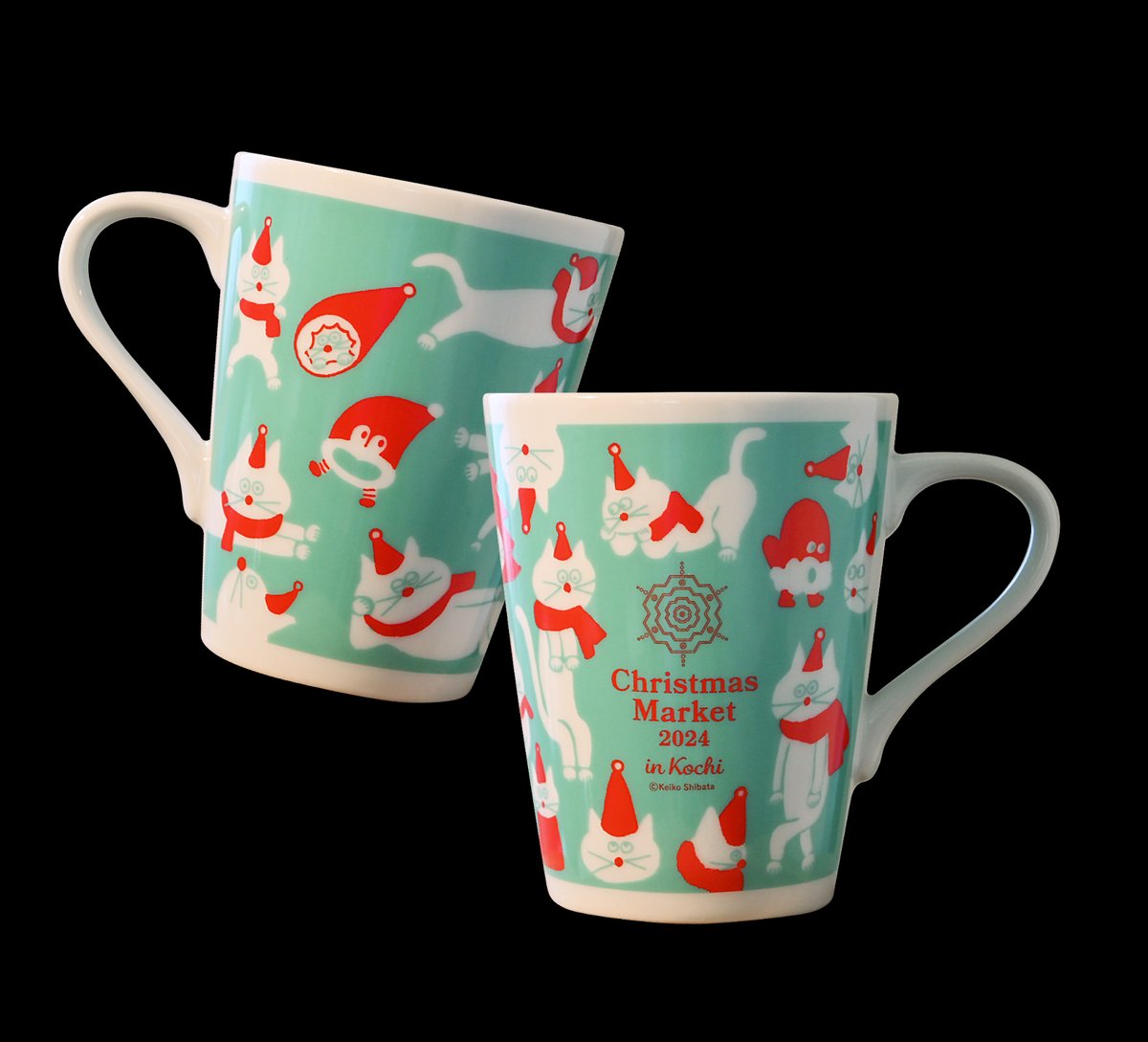 クリスマスマーケット 2024 in 高知
柴田ケイコさんイラストマグカップデザイン解禁！！

今年はターコイズブルーを基調に、猫＆オリジナルキャラクターをあしらった、美しくも愛らしいデザイン。
「U Gluck!（グリュック）」にて、特製グリューワインかホットチョコレートと一緒にご注文できます。